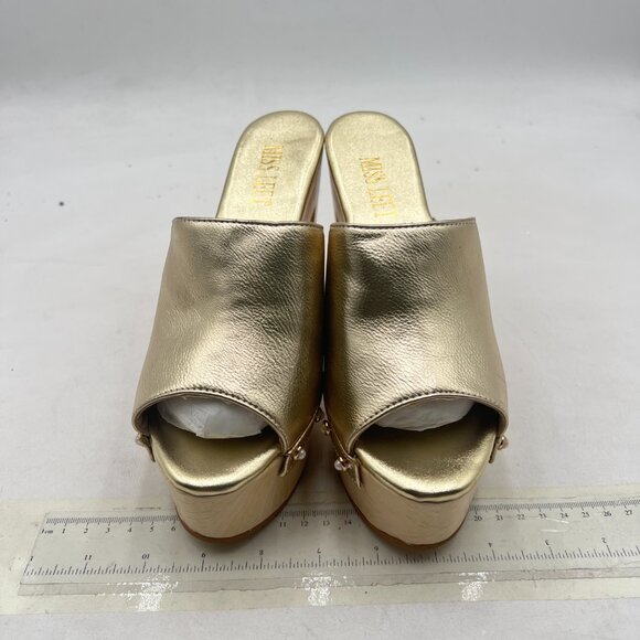 miss left Light Gold Platform Chunky High Heel Mules Open Toe Studded Sandals - Picture 3 of 8